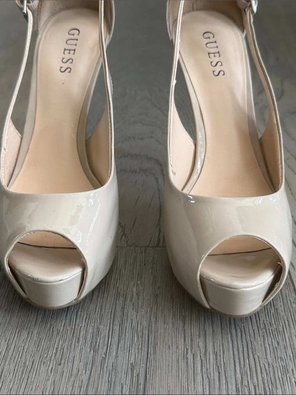 GUESS Nude Patent Slingback Peep Toe 4 3/4” Platform Heels- 8 1/2 M